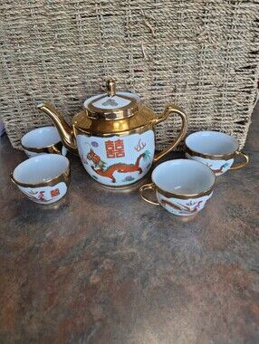 Vintage Chinese Porcelain Teapot & Cup Set Dragon & Phoenix Guangxu Mark 4 Cups